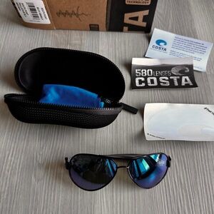 NEW Costa South Point Aviator Sunglasses Palladium Black Blue Mirror 580G Glass
